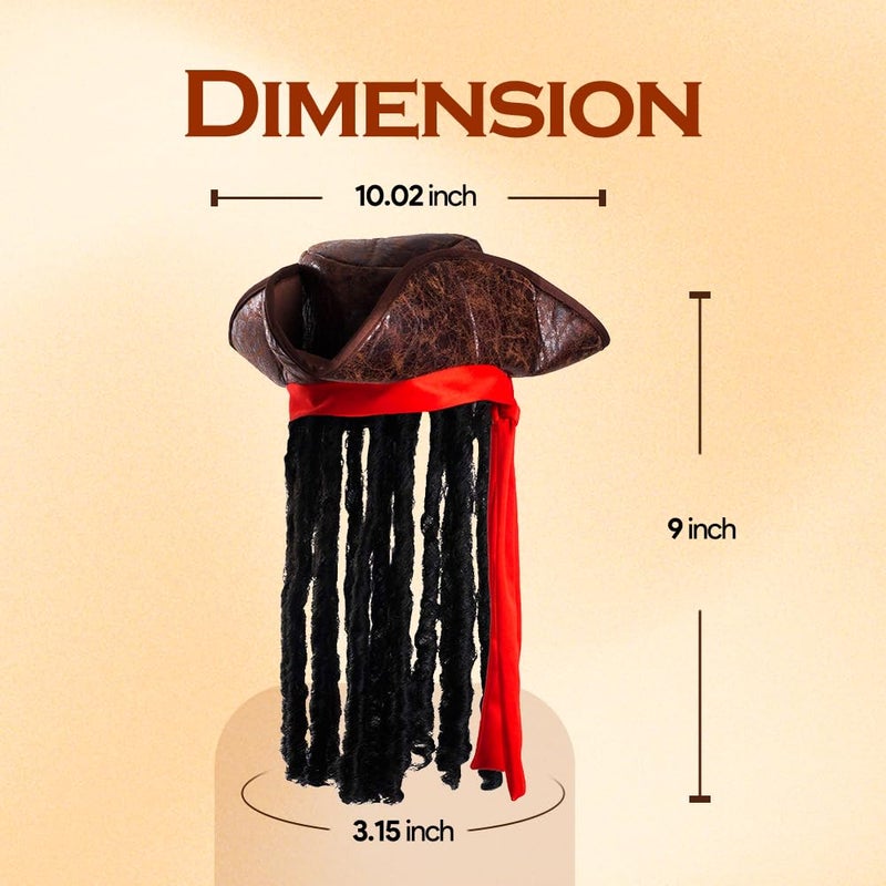 Tigerdoe Pirate Hat with Dreadlocks - Tricorn Hat - Caribbean Pirate Costume Accessories (3 Pc Set), Brown - Image 2